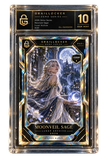 Approved fictional Moonveil Sage GrailLocker demo slab card