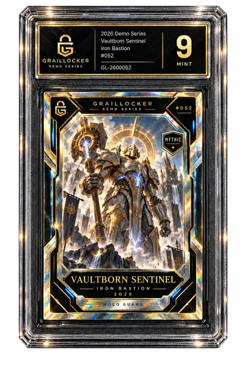 Approved fictional Vaultborn Sentinel GrailLocker demo slab card