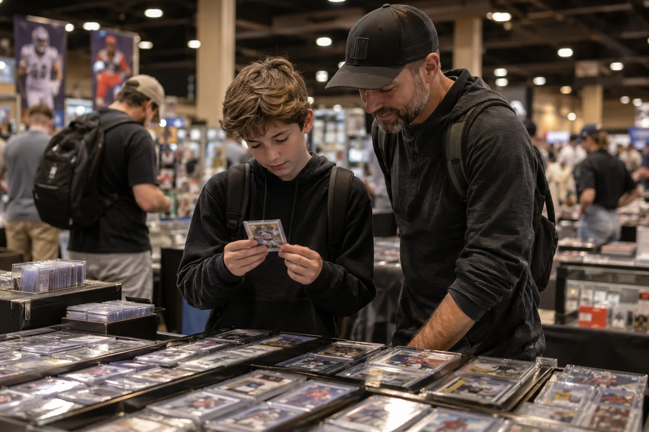 Father and son looking at a trading card together at a card show